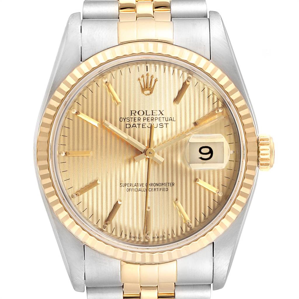 The image shows a front view of a Rolex Datejust 16233 Men's Steel and Gold (two tone) Champagne Dial 16233 Men's Steel and Gold (two tone) Champagne Dial watch, highlighting the dial, hands, date window, case, and bracelet.