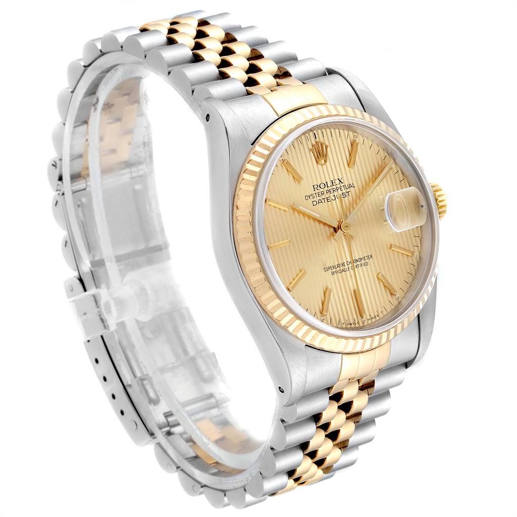The image shows a Rolex Datejust 16233 Men's Steel and Gold (two tone) Champagne Dial 16233 Men's Steel and Gold (two tone) Champagne Dial watch at a three-quarter angle, highlighting its dial, bezel, and two-tone bracelet.