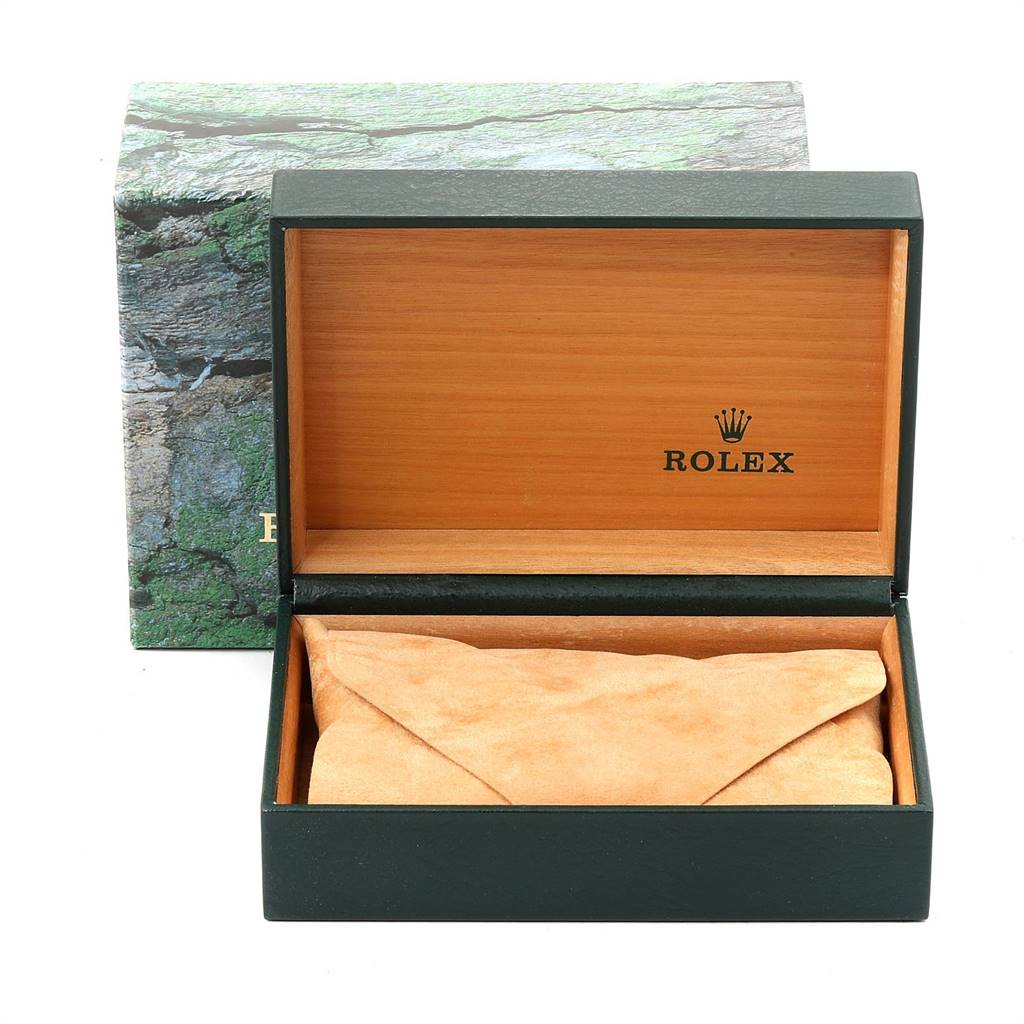 This image shows a Rolex Datejust 16220 Men's Stainless Steel Silver Dial 16220 Men's Stainless Steel Silver Dial watch box with the outer box, inner box, and cushion at a front angle.