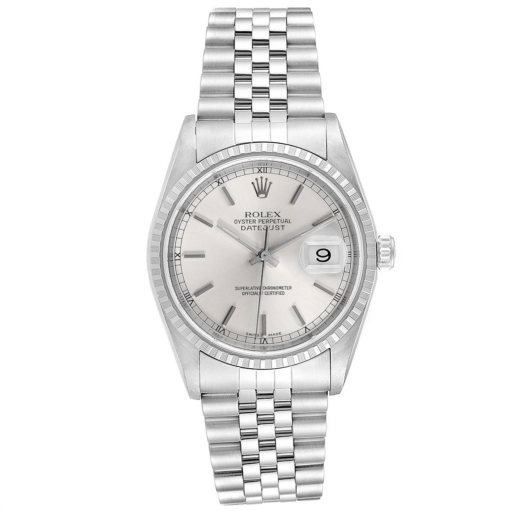 This image shows a front view of a Rolex Datejust 16220 Men's Stainless Steel Silver Dial 16220 Men's Stainless Steel Silver Dial watch, highlighting its dial, bezel, and Jubilee bracelet.