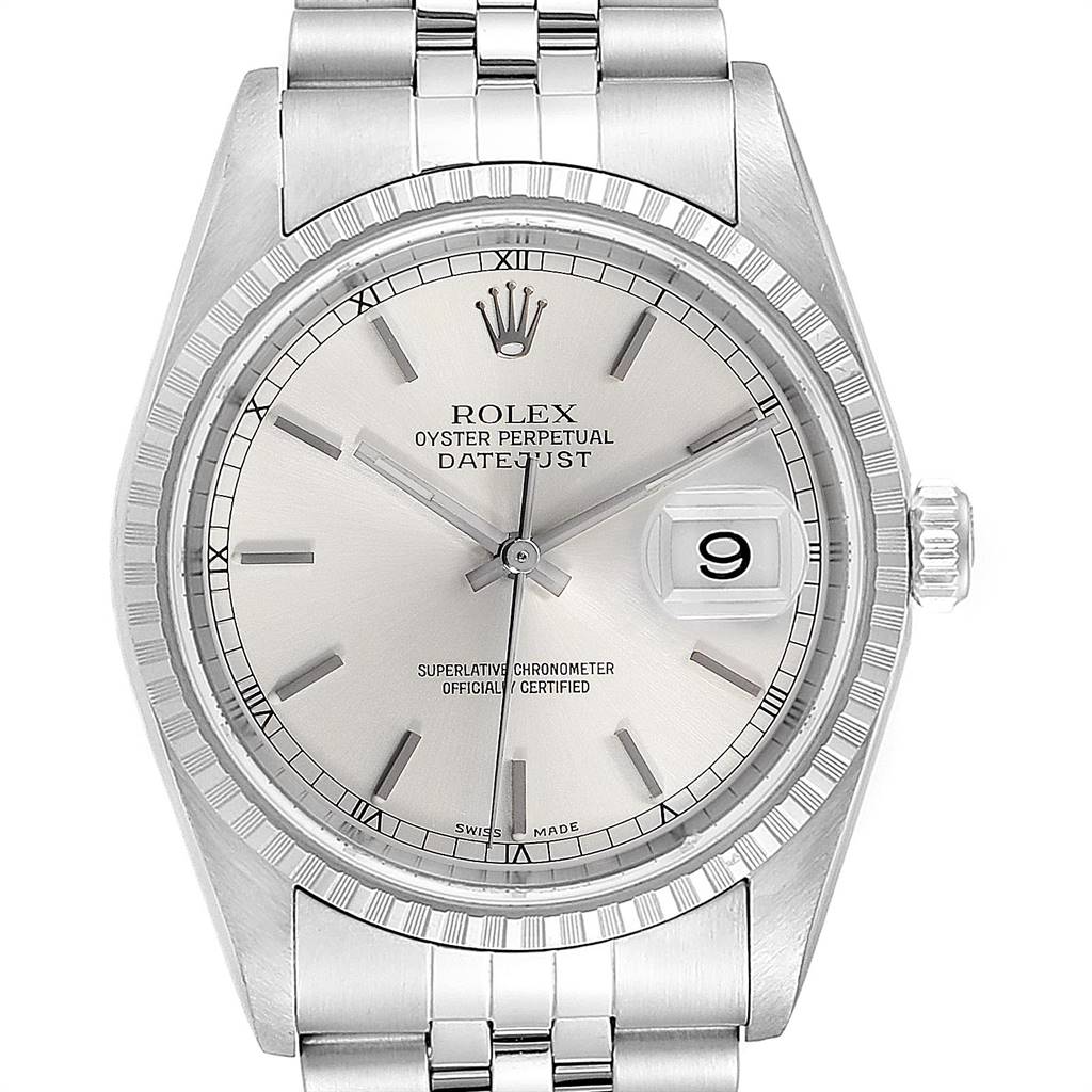 The watch is a Rolex Datejust 16220 Men's Stainless Steel Silver Dial 16220 Men's Stainless Steel Silver Dial model shown from a front angle, highlighting the dial, bezel, and bracelet.