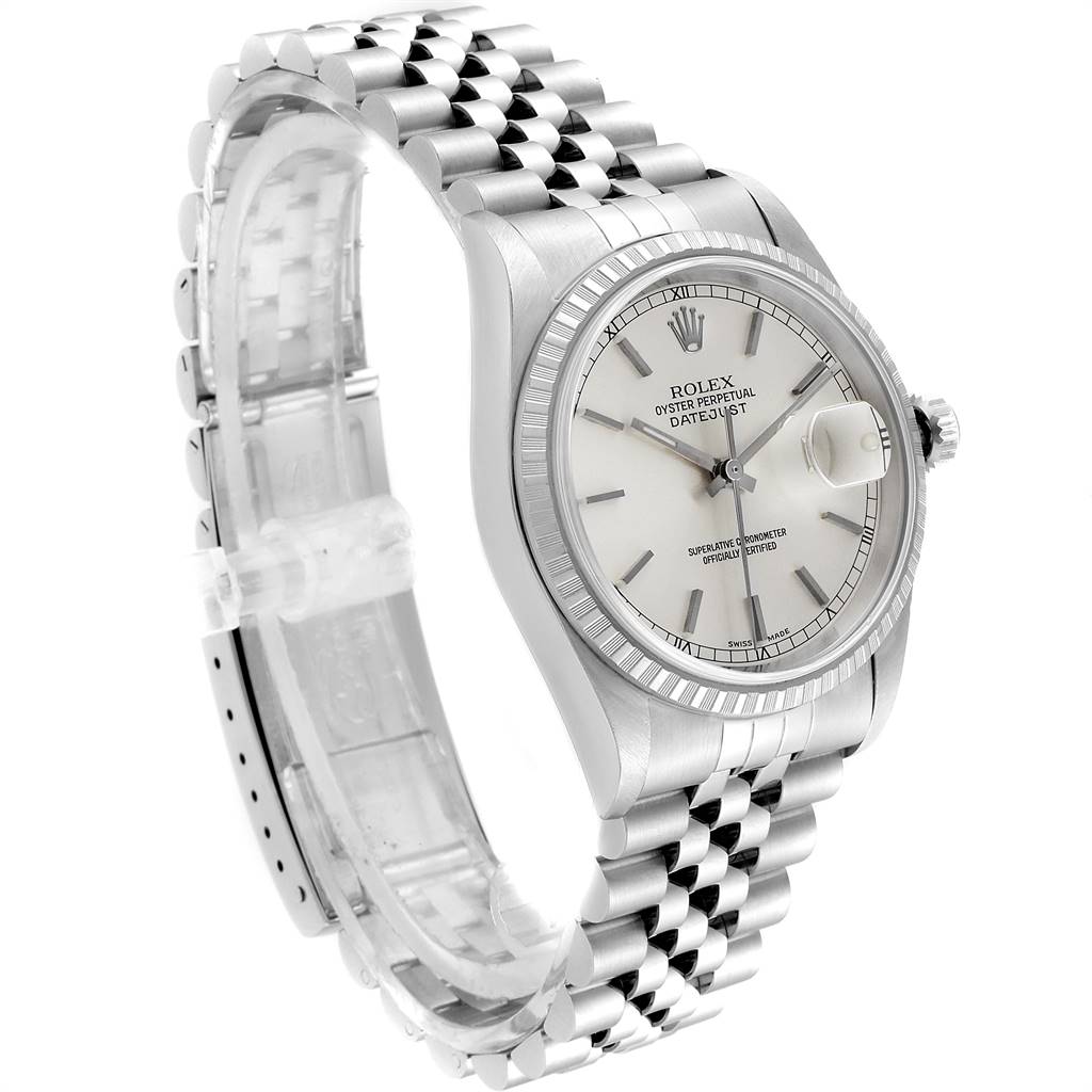 This image shows a side angle of a Rolex Datejust 16220 Men's Stainless Steel Silver Dial 16220 Men's Stainless Steel Silver Dial watch, highlighting its face, bracelet, and crown.