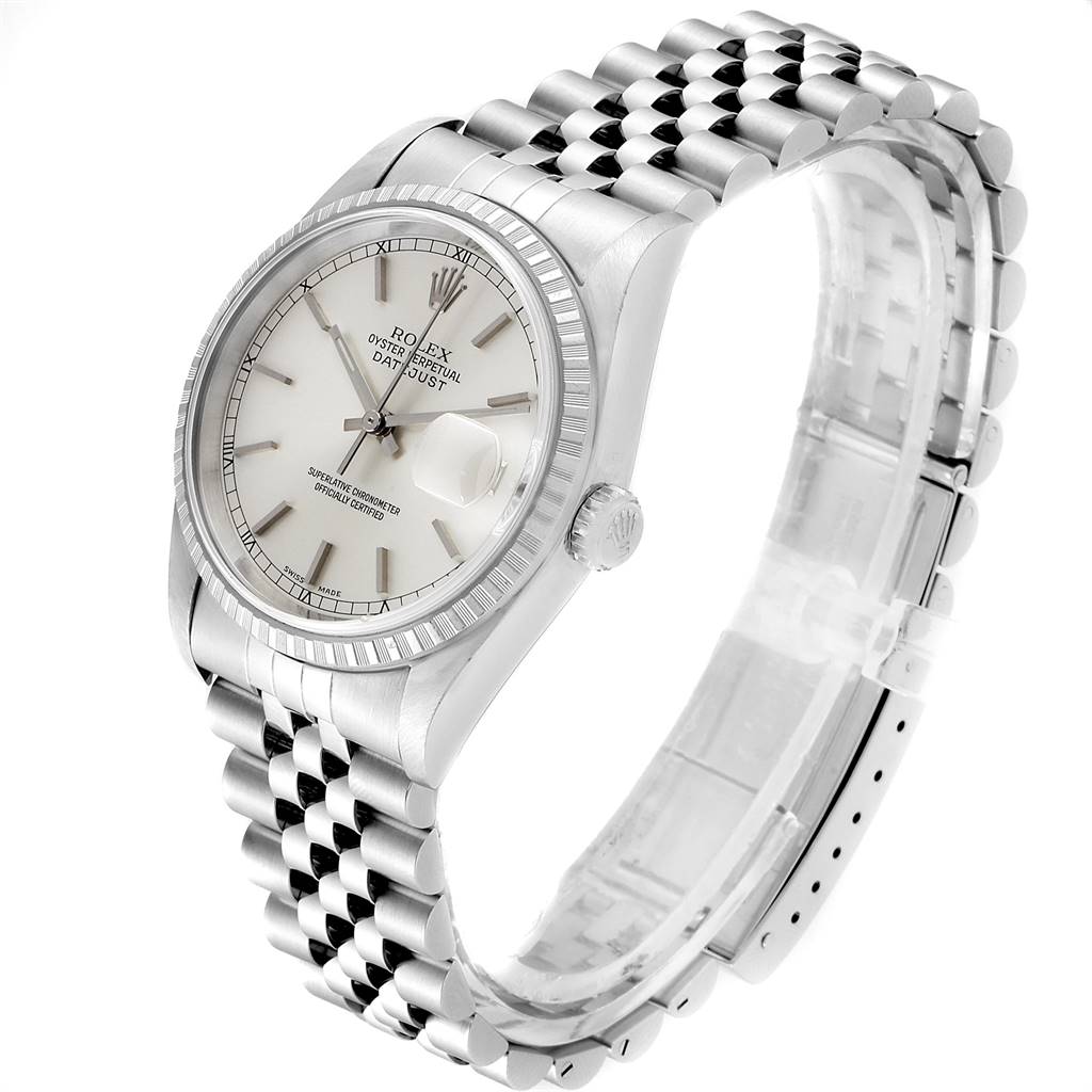 The Rolex Datejust 16220 Men's Stainless Steel Silver Dial 16220 Men's Stainless Steel Silver Dial watch is shown at a slight angle, displaying its face, bezel, crown, and bracelet.