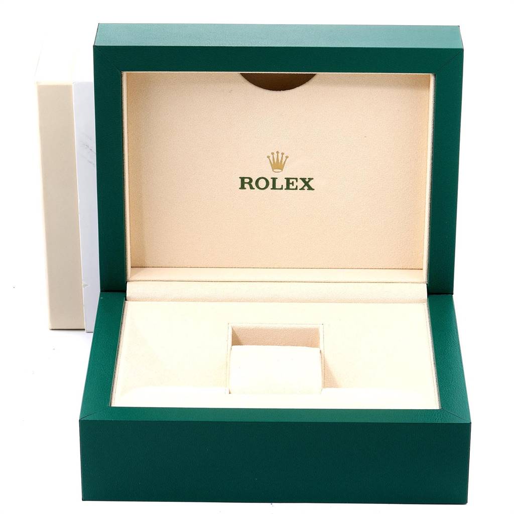 This image shows an open Rolex Datejust 116234 Men's Stainless Steel Black Dial 116234 Men's Stainless Steel Black Dial watch box from a front angle, revealing the interior with the Rolex logo.