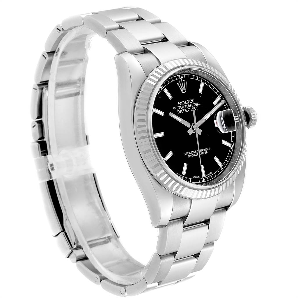 The image shows a Rolex Datejust 116234 Men's Stainless Steel Black Dial 116234 Men's Stainless Steel Black Dial watch from a side angle, highlighting its bezel, dial, bracelet, and crown.