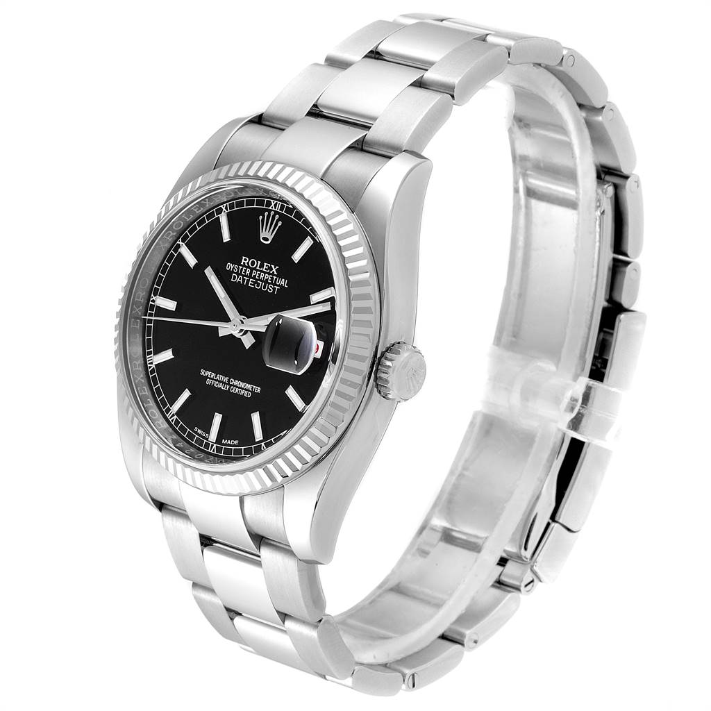 This Rolex Datejust 116234 Men's Stainless Steel Black Dial 116234 Men's Stainless Steel Black Dial watch is shown from a three-quarter angle, highlighting the dial, fluted bezel, crown, and bracelet.