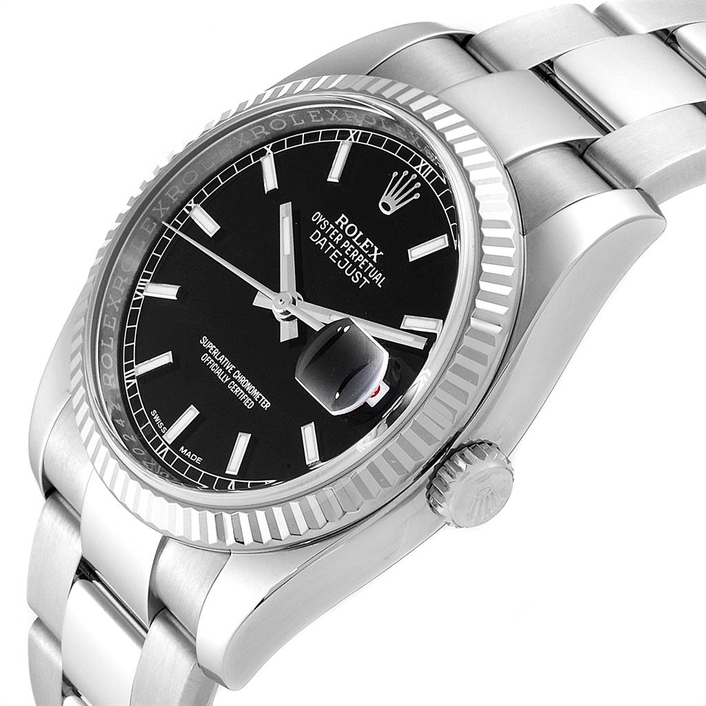 This image shows the Rolex Datejust 116234 Men's Stainless Steel Black Dial 116234 Men's Stainless Steel Black Dial watch at an angle highlighting the face, dial, date, bezel, and part of the bracelet.