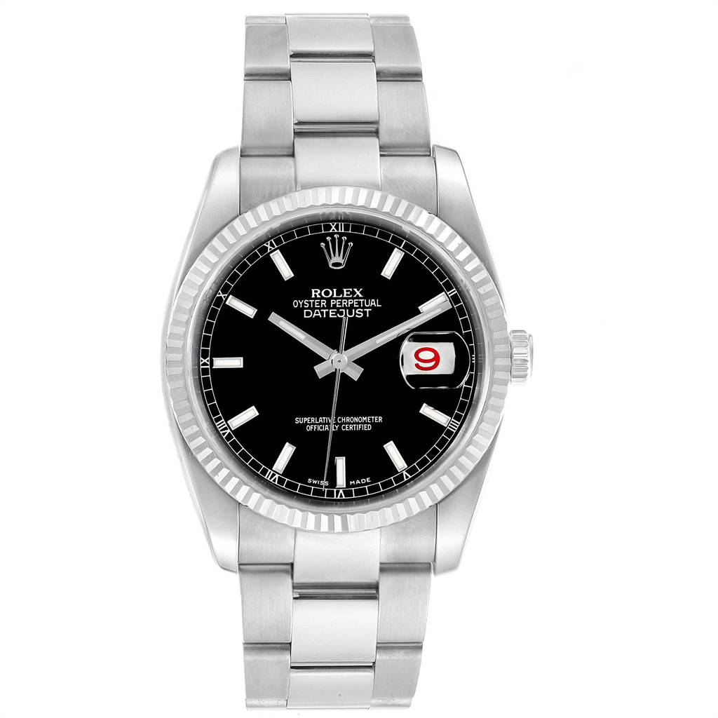 This image shows a front view of a Rolex Datejust 116234 Men's Stainless Steel Black Dial 116234 Men's Stainless Steel Black Dial watch, displaying the dial, bezel, and bracelet.