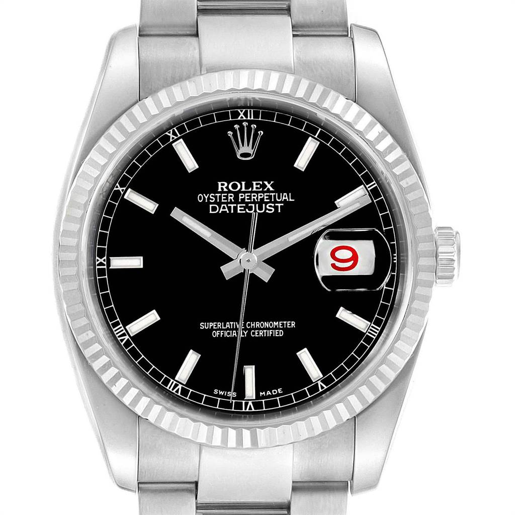 This image shows a front view of a Rolex Datejust 116234 Men's Stainless Steel Black Dial 116234 Men's Stainless Steel Black Dial watch, featuring the face, bezel, and bracelet.