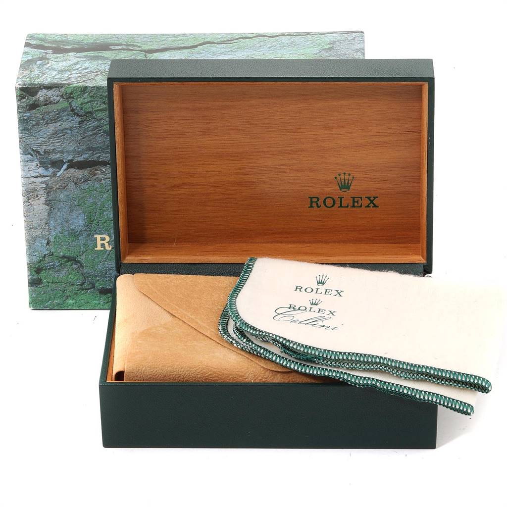 The image shows a Rolex Datejust 16233 Men's Steel and Gold (two tone) Champagne Dial 16233 Men's Steel and Gold (two tone) Champagne Dial watch box, a leather pouch, and branded cleaning cloths.