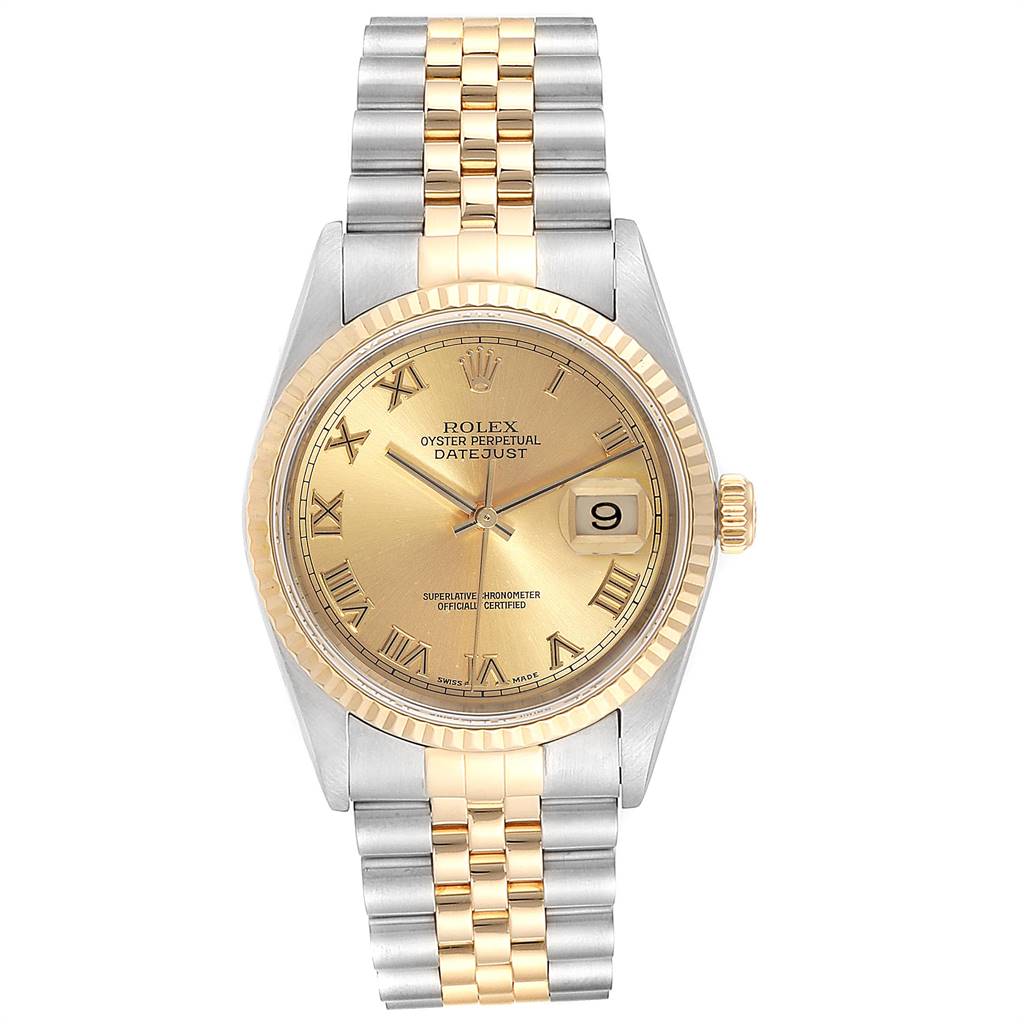 The Rolex Datejust 16233 Men's Steel and Gold (two tone) Champagne Dial 16233 Men's Steel and Gold (two tone) Champagne Dial watch is shown from a top-down angle, displaying its face, bezel, and bracelet.