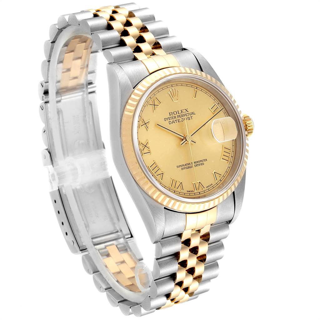 This image shows a Rolex Datejust 16233 Men's Steel and Gold (two tone) Champagne Dial 16233 Men's Steel and Gold (two tone) Champagne Dial watch at a side angle, highlighting its gold and silver bracelet, fluted bezel, and champagne dial.