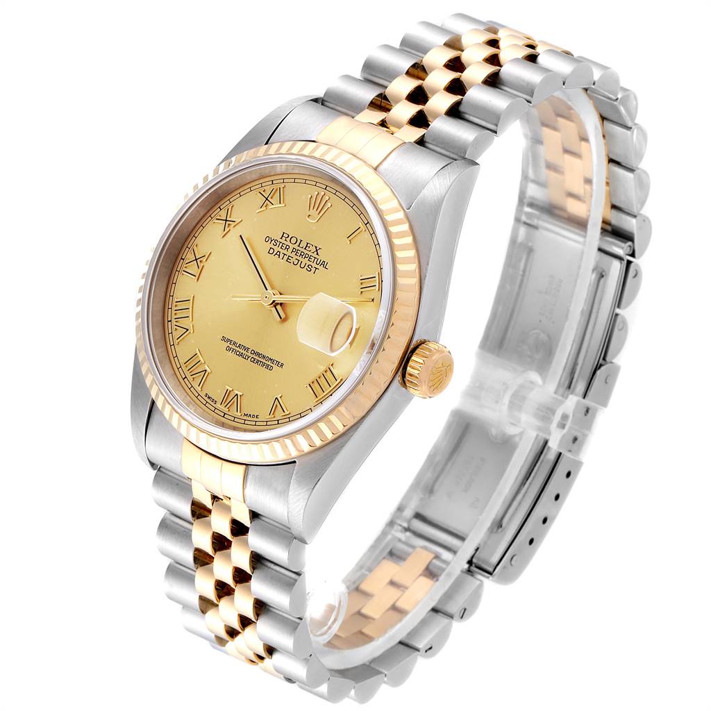 The image shows a Rolex Datejust 16233 Men's Steel and Gold (two tone) Champagne Dial 16233 Men's Steel and Gold (two tone) Champagne Dial watch at a side angle, displaying the face, bezel, case, and bracelet.