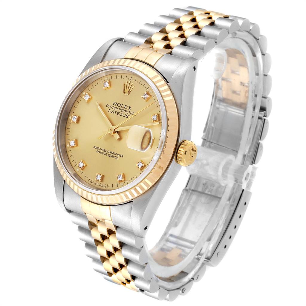 The image shows a Rolex Datejust 16233 Men
s Steel and Gold (two tone) Champagne Dial 16233 Men
s Steel and Gold (two tone) Champagne Dial watch at an angle, highlighting its face, dial, two-tone bracelet, and fluted bezel.