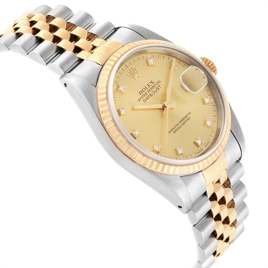 This image shows a side angle of a Rolex Datejust 16233 Men
s Steel and Gold (two tone) Champagne Dial 16233 Men
s Steel and Gold (two tone) Champagne Dial watch, highlighting the two-tone bracelet, bezel, crown, and champagne dial with diamond markers.