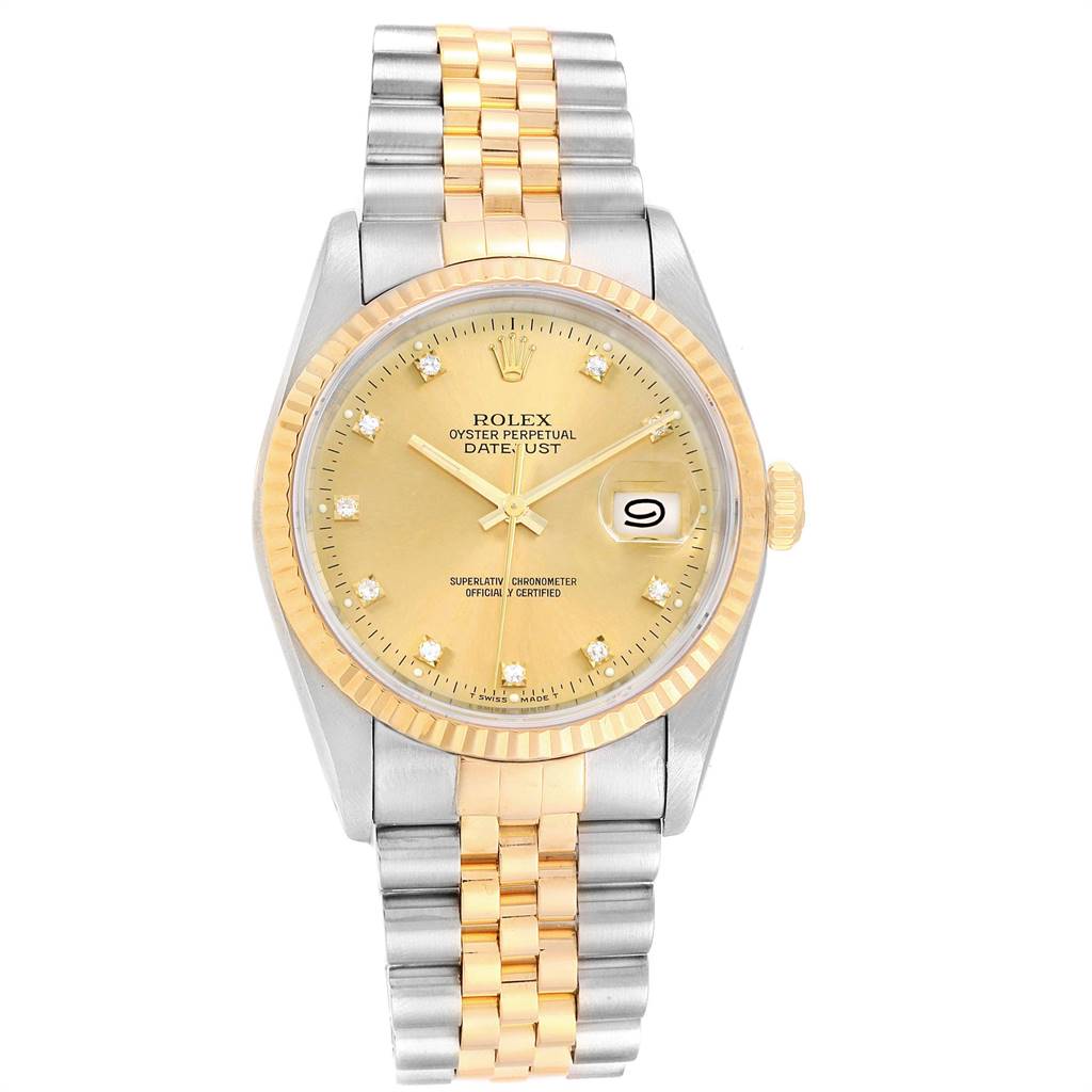 This image shows a Rolex Datejust 16233 Men
s Steel and Gold (two tone) Champagne Dial 16233 Men
s Steel and Gold (two tone) Champagne Dial watch front-on, highlighting its gold and stainless steel bracelet, gold dial, and date window.