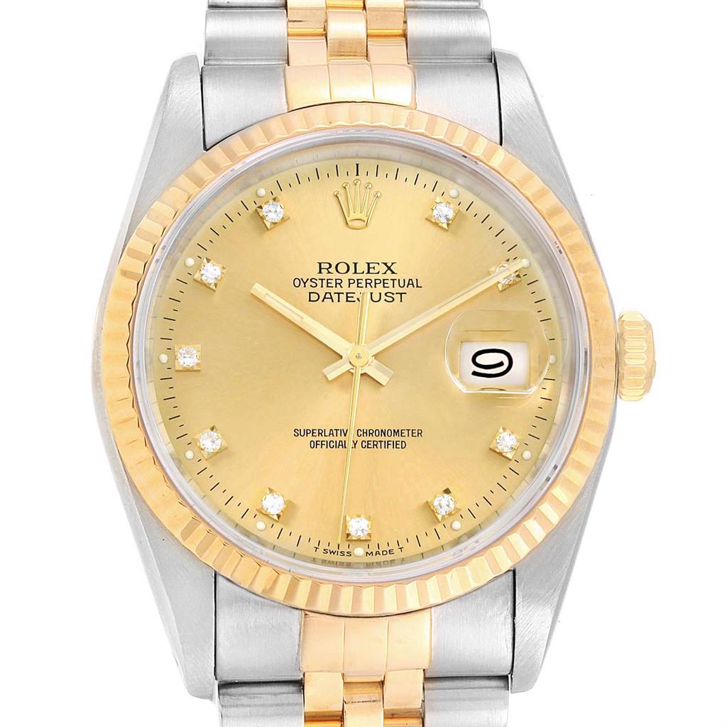 The image shows a front view of the Rolex Datejust 16233 Men
s Steel and Gold (two tone) Champagne Dial 16233 Men
s Steel and Gold (two tone) Champagne Dial watch, highlighting the dial, bezel, and bracelet.