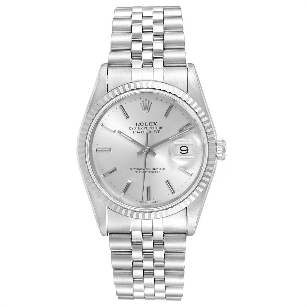 The image shows a front view of a Rolex Datejust 16234 Men's Stainless Steel Silver Dial 16234 Men's Stainless Steel Silver Dial watch, featuring its dial, bezel, crown, and bracelet.