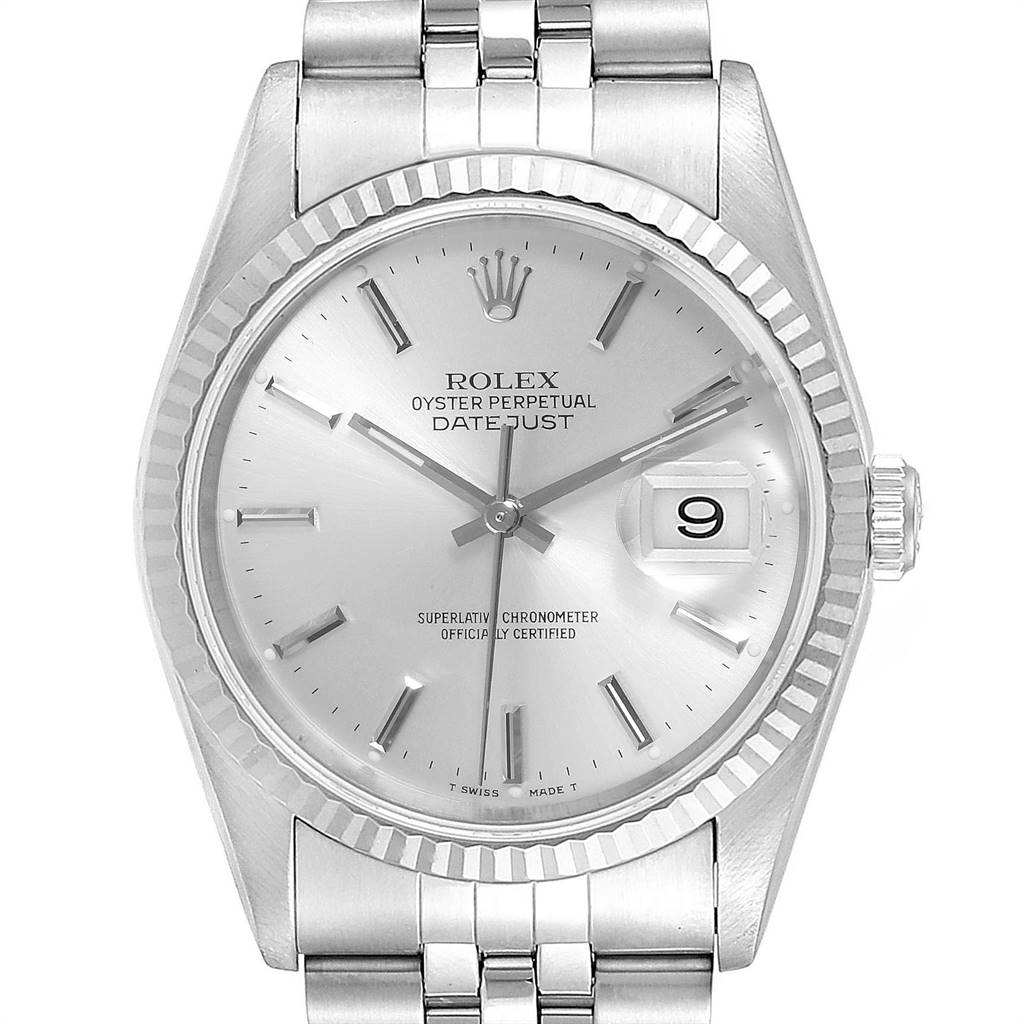 This image shows the front view of a Rolex Datejust 16234 Men's Stainless Steel Silver Dial 16234 Men's Stainless Steel Silver Dial watch, displaying the dial, hands, date window, and part of the bracelet.
