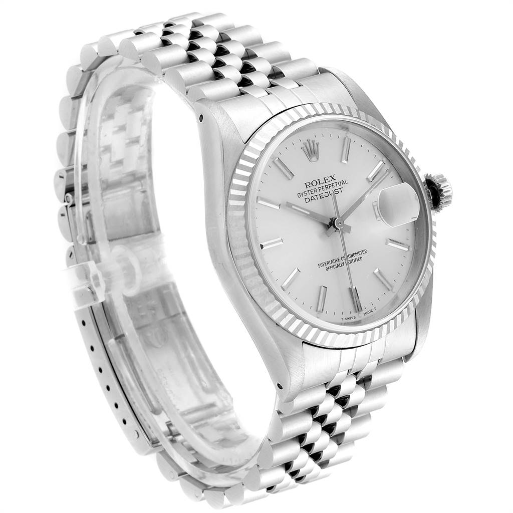 The image shows a side-angle view of a Rolex Datejust 16234 Men's Stainless Steel Silver Dial 16234 Men's Stainless Steel Silver Dial watch, highlighting the dial, case, bezel, and bracelet.