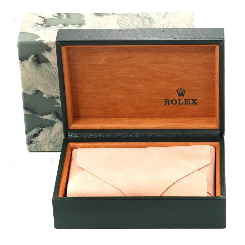 The image shows an open Rolex Datejust 16234 Men's Stainless Steel Silver Dial 16234 Men's Stainless Steel Silver Dial watch box with a protective pouch inside.