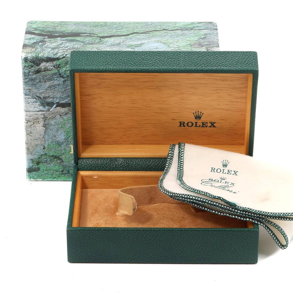 The image shows an open Rolex Datejust 16233 Men's Steel and Gold (two tone) Champagne Dial 16233 Men's Steel and Gold (two tone) Champagne Dial watch box, including an outer box and a cleaning cloth.