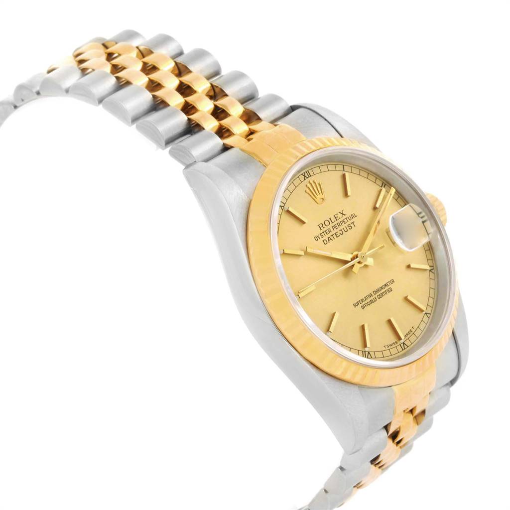 The image shows a side view of a Rolex Datejust 16233 Men's Steel and Gold (two tone) Champagne Dial 16233 Men's Steel and Gold (two tone) Champagne Dial watch featuring a two-tone bracelet, gold bezel, and gold dial with a date window.