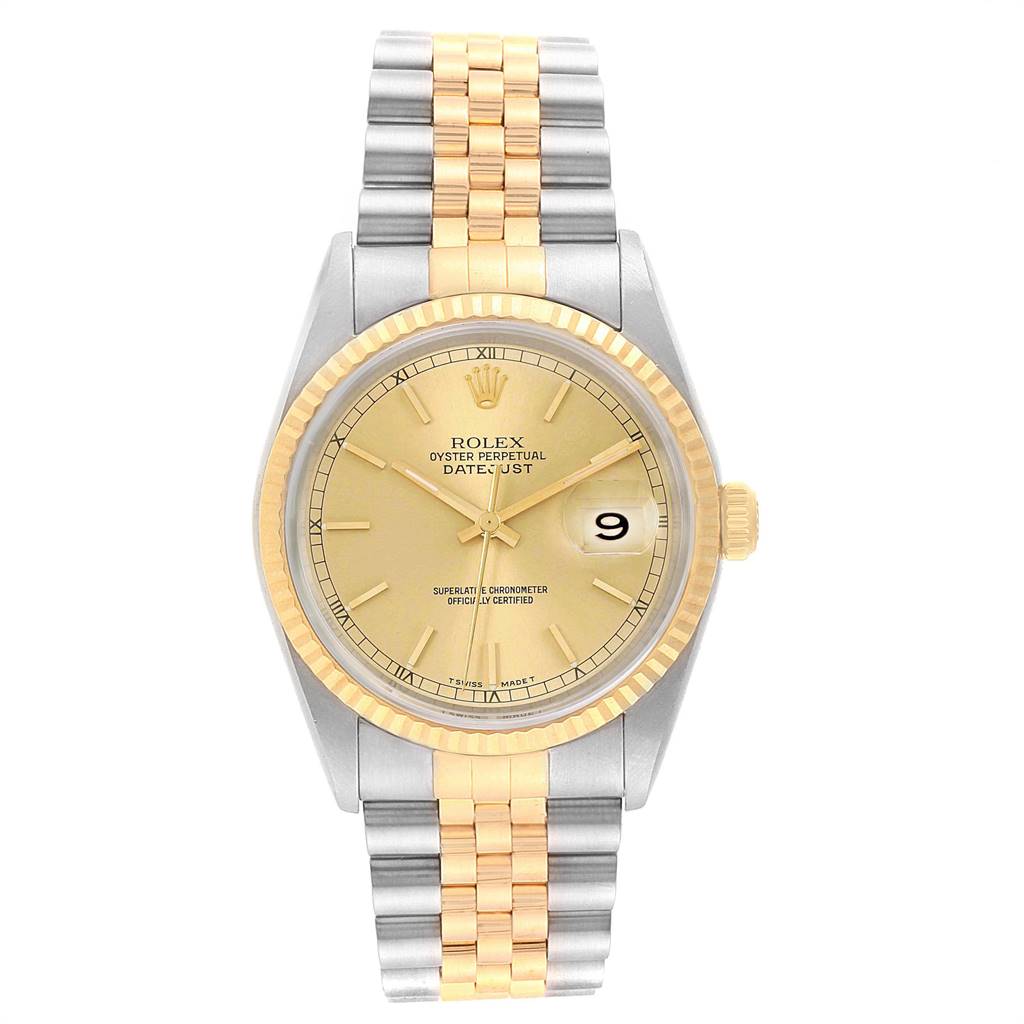The image shows a Rolex Datejust 16233 Men's Steel and Gold (two tone) Champagne Dial 16233 Men's Steel and Gold (two tone) Champagne Dial watch from a frontal view, featuring a gold dial, gold fluted bezel, and two-tone bracelet.