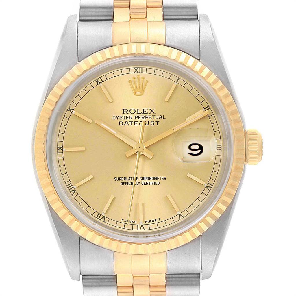 This image shows a front view of a Rolex Datejust 16233 Men's Steel and Gold (two tone) Champagne Dial 16233 Men's Steel and Gold (two tone) Champagne Dial watch, displaying the dial, bezel, crown, and part of the bracelet.