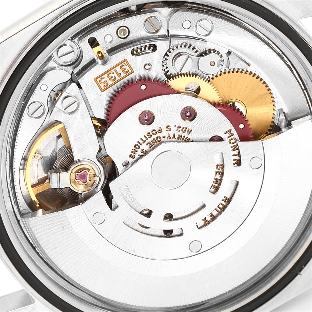 The image shows a close-up view of the movement mechanism inside a Rolex Datejust 16234 Men's Stainless Steel White Dial 16234 Men's Stainless Steel White Dial watch.