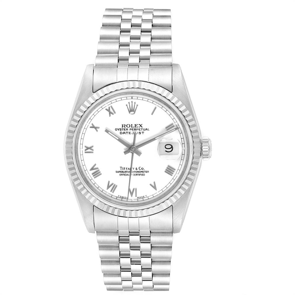 This image shows a front view of a Rolex Datejust 16234 Men's Stainless Steel White Dial 16234 Men's Stainless Steel White Dial watch, displaying the face, bezel, crown, and bracelet.