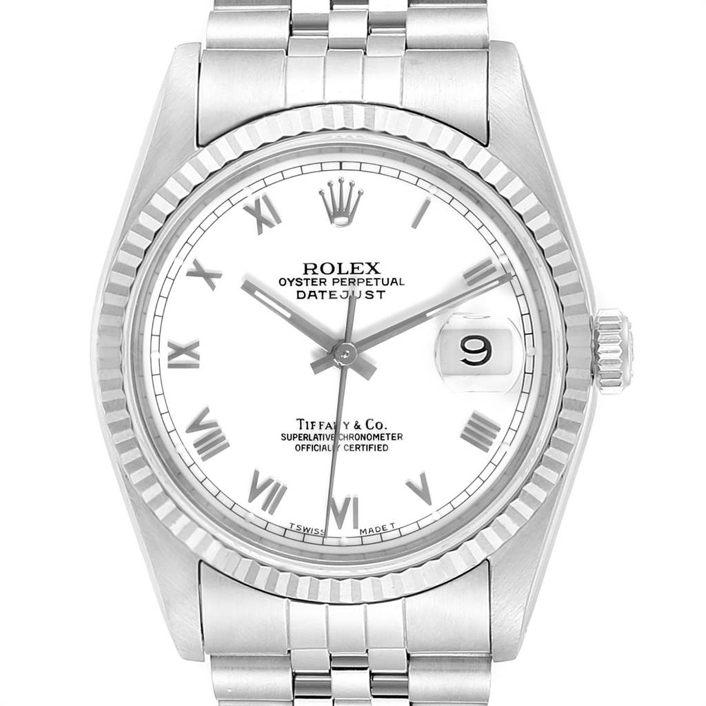 The image shows a frontal view of a Rolex Datejust 16234 Men's Stainless Steel White Dial 16234 Men's Stainless Steel White Dial watch, displaying the dial, bezel, crown, bracelet, and date window.