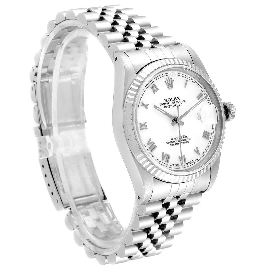 The image shows a right-side angle of the Rolex Datejust 16234 Men's Stainless Steel White Dial 16234 Men's Stainless Steel White Dial watch, highlighting the face, bezel, and bracelet.