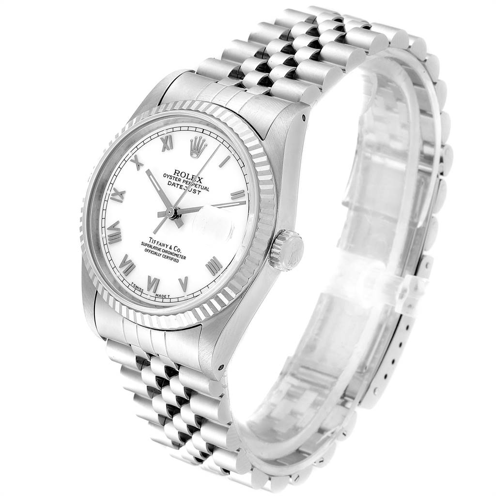 The image shows a Rolex Datejust 16234 Men's Stainless Steel White Dial 16234 Men's Stainless Steel White Dial watch at a slight angle, displaying the dial, bezel, crown, and bracelet.