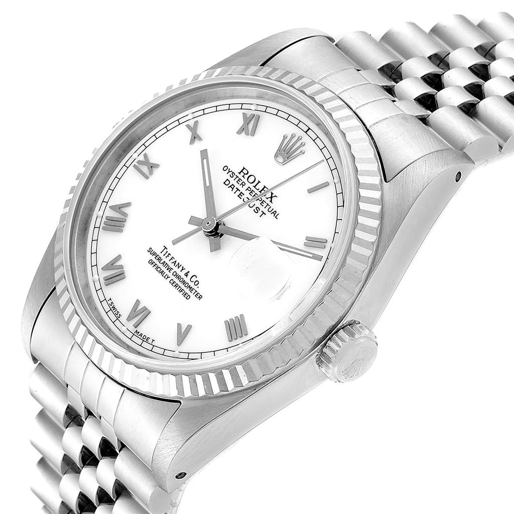The image shows a Rolex Datejust 16234 Men's Stainless Steel White Dial 16234 Men's Stainless Steel White Dial watch from an angled top-side perspective, highlighting the dial, bezel, and bracelet.