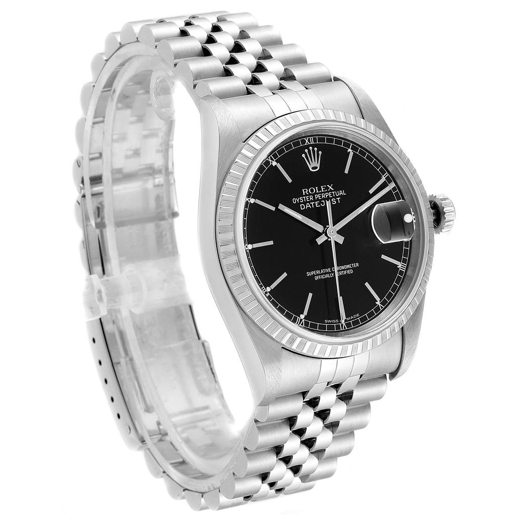 The Rolex Datejust 16220 Men's Stainless Steel Black Dial 16220 Men's Stainless Steel Black Dial watch is shown from a side-angle, highlighting the face, bezel, and bracelet.
