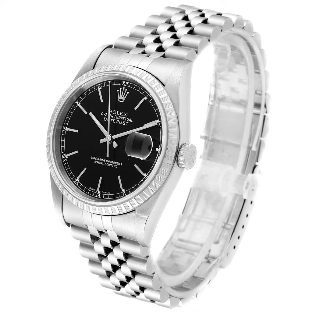 This Rolex Datejust 16220 Men's Stainless Steel Black Dial 16220 Men's Stainless Steel Black Dial watch is displayed at an angle showing the face, bezel, crown, and Jubilee bracelet.