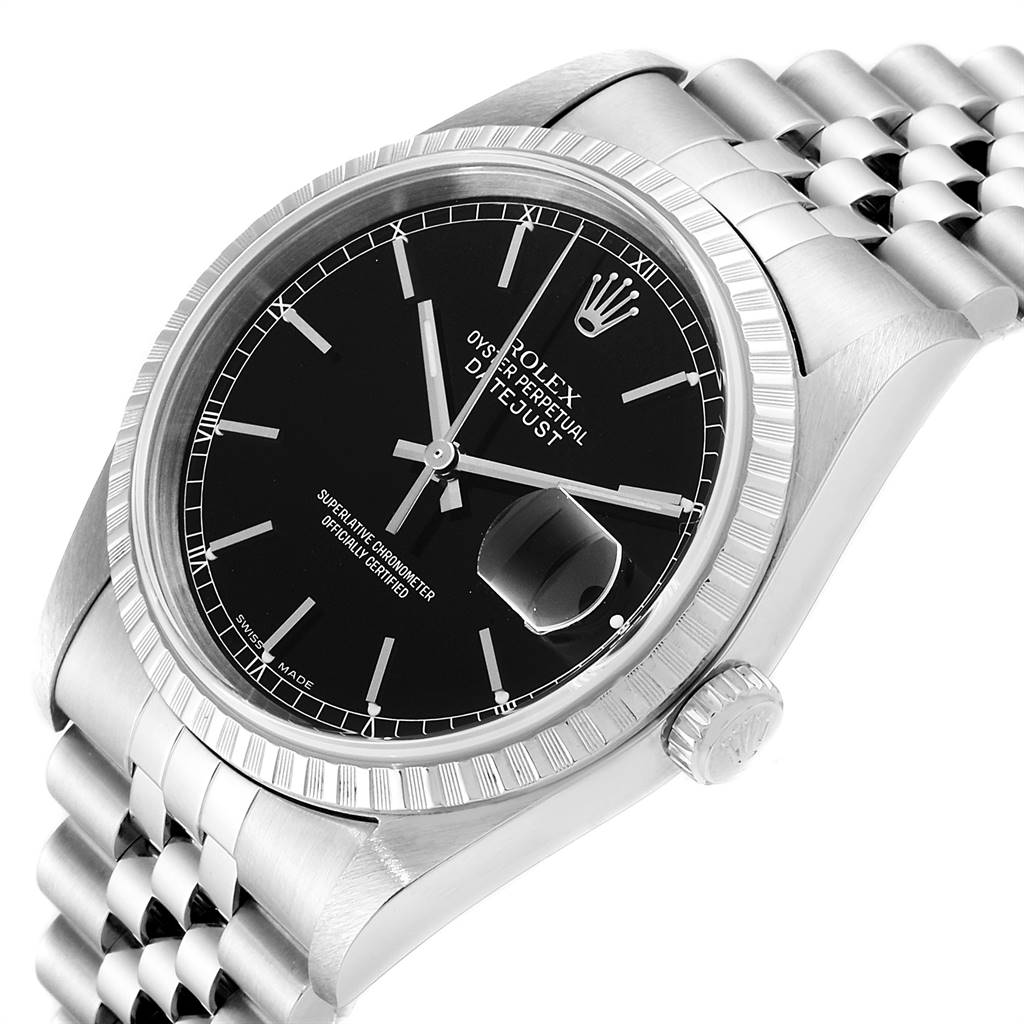 This image shows a Rolex Datejust 16220 Men's Stainless Steel Black Dial 16220 Men's Stainless Steel Black Dial watch at a slight angle, highlighting the bezel, crown, dial, and a portion of the bracelet.