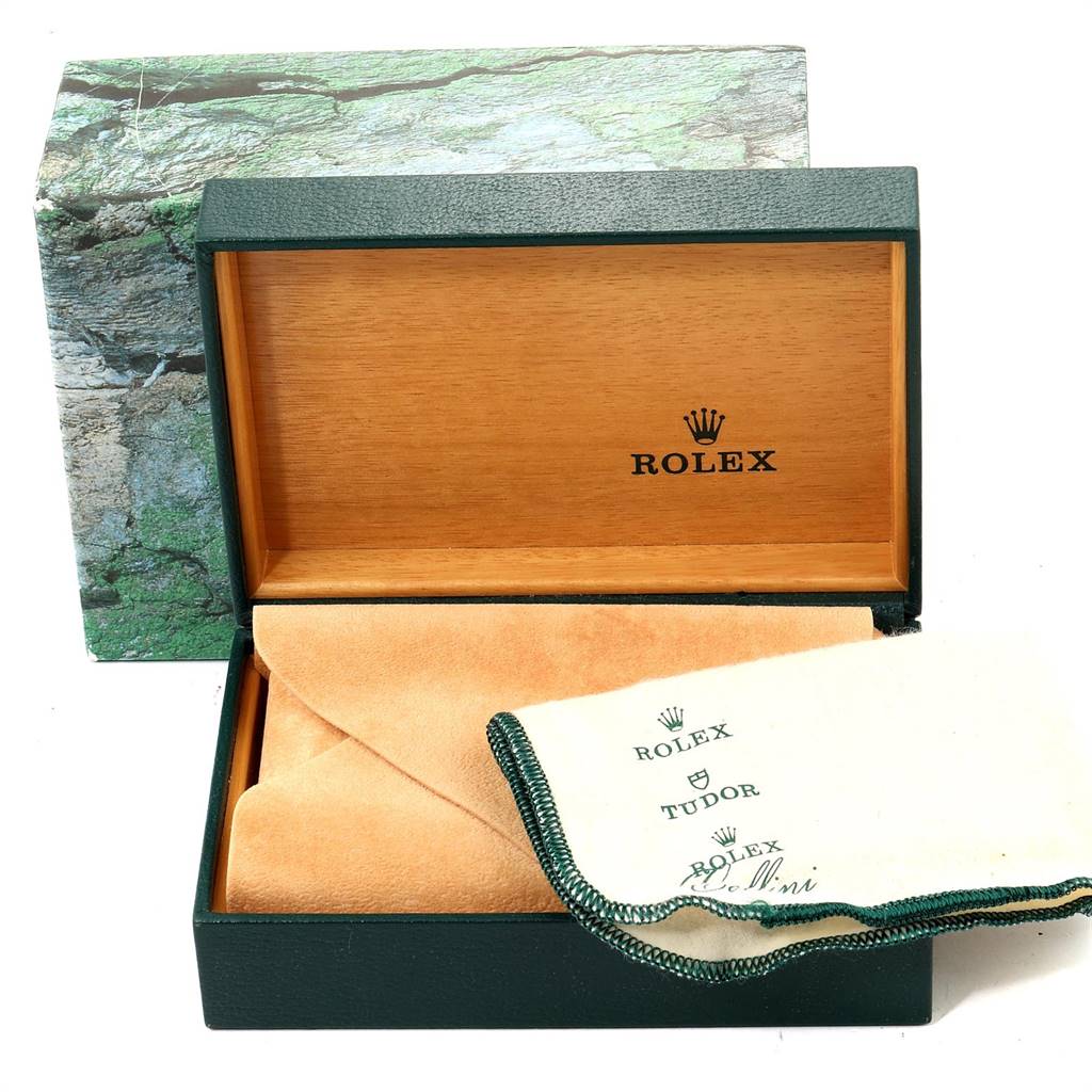 The image shows a Rolex Datejust 16220 Men's Stainless Steel Black Dial 16220 Men's Stainless Steel Black Dial watch box, open with a beige pouch and cleaning cloth, featuring both Rolex and Tudor branding.