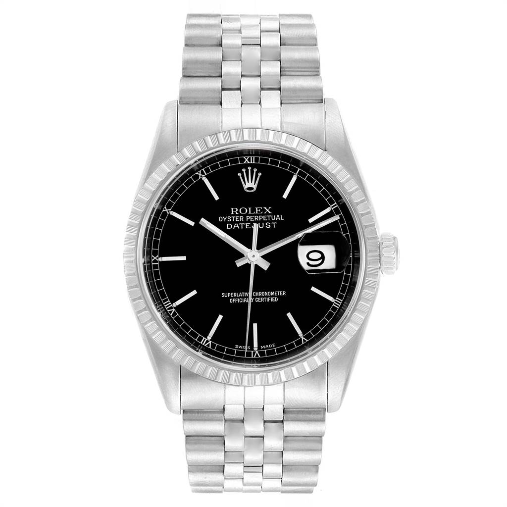 The image shows a front view of the Rolex Datejust 16220 Men's Stainless Steel Black Dial 16220 Men's Stainless Steel Black Dial watch displaying its black dial, date window, crown, and metal bracelet.