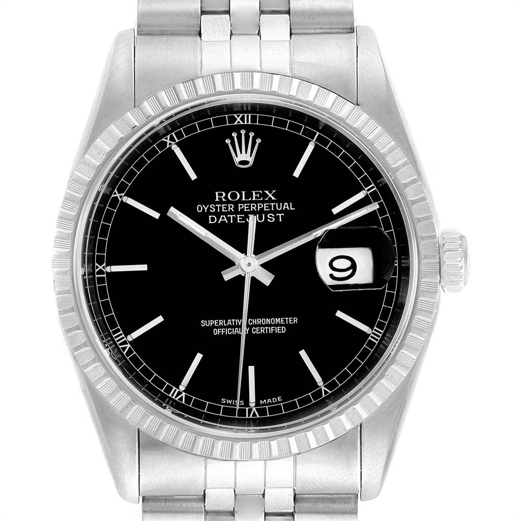 This Rolex Datejust 16220 Men's Stainless Steel Black Dial 16220 Men's Stainless Steel Black Dial model is shown from a front angle, displaying the dial, hands, date window, and part of the bracelet.