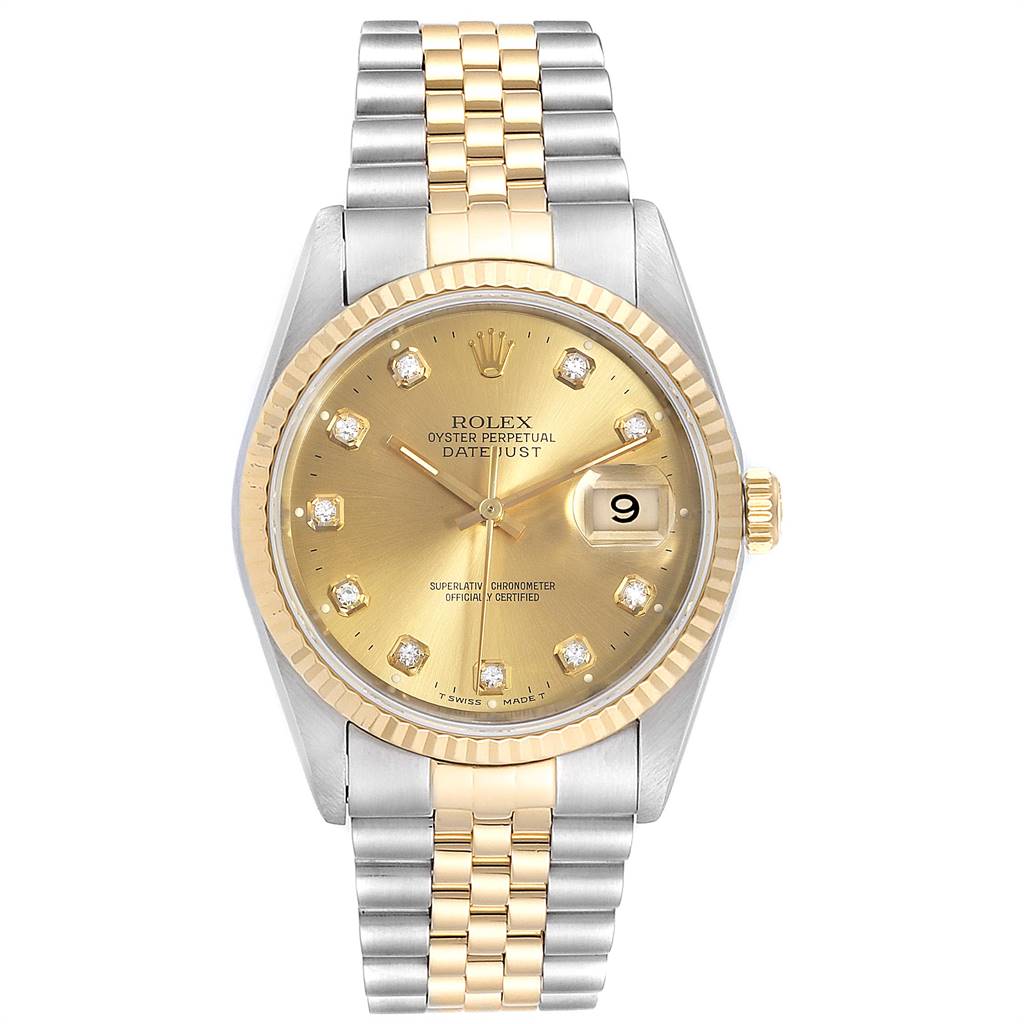 This Rolex Datejust 16233 Men
s Steel and Gold (two tone) Champagne Dial 16233 Men
s Steel and Gold (two tone) Champagne Dial watch is shown from the front, displaying its gold dial, diamond hour markers, and two-tone bracelet.