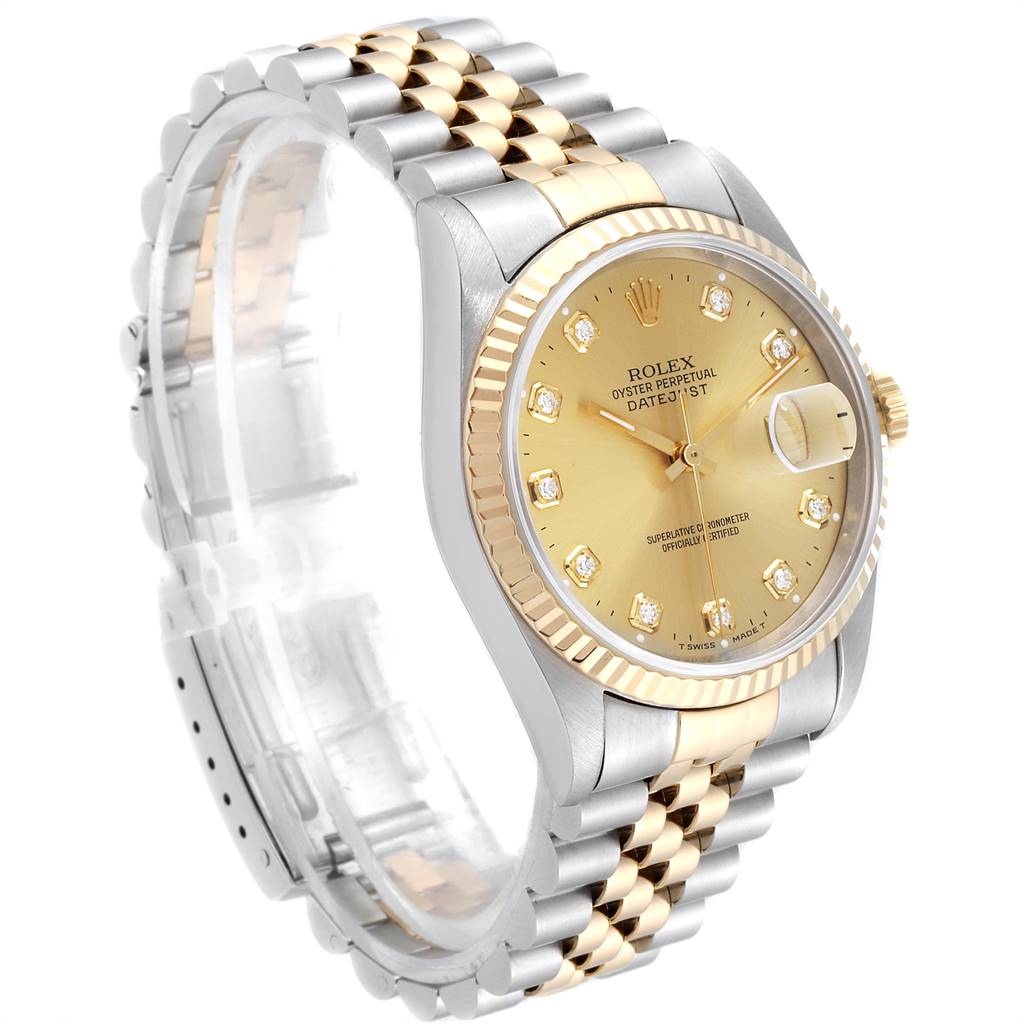 The Rolex Datejust 16233 Men
s Steel and Gold (two tone) Champagne Dial 16233 Men
s Steel and Gold (two tone) Champagne Dial watch is shown from a 3/4 angle, highlighting its gold and silver bracelet, bezel, and champagne dial.