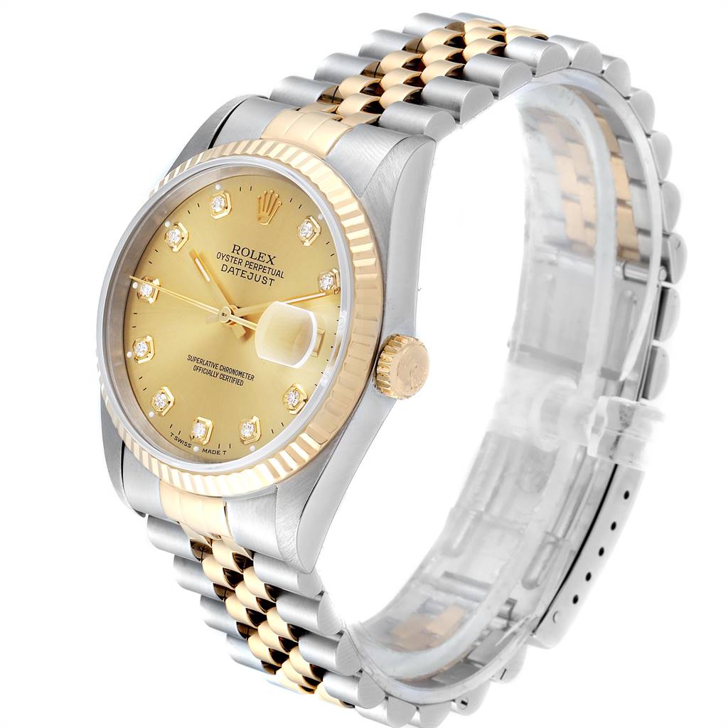 The image shows a Rolex Datejust 16233 Men
s Steel and Gold (two tone) Champagne Dial 16233 Men
s Steel and Gold (two tone) Champagne Dial watch at an angle highlighting its dial, crown, case, and Jubilee bracelet.