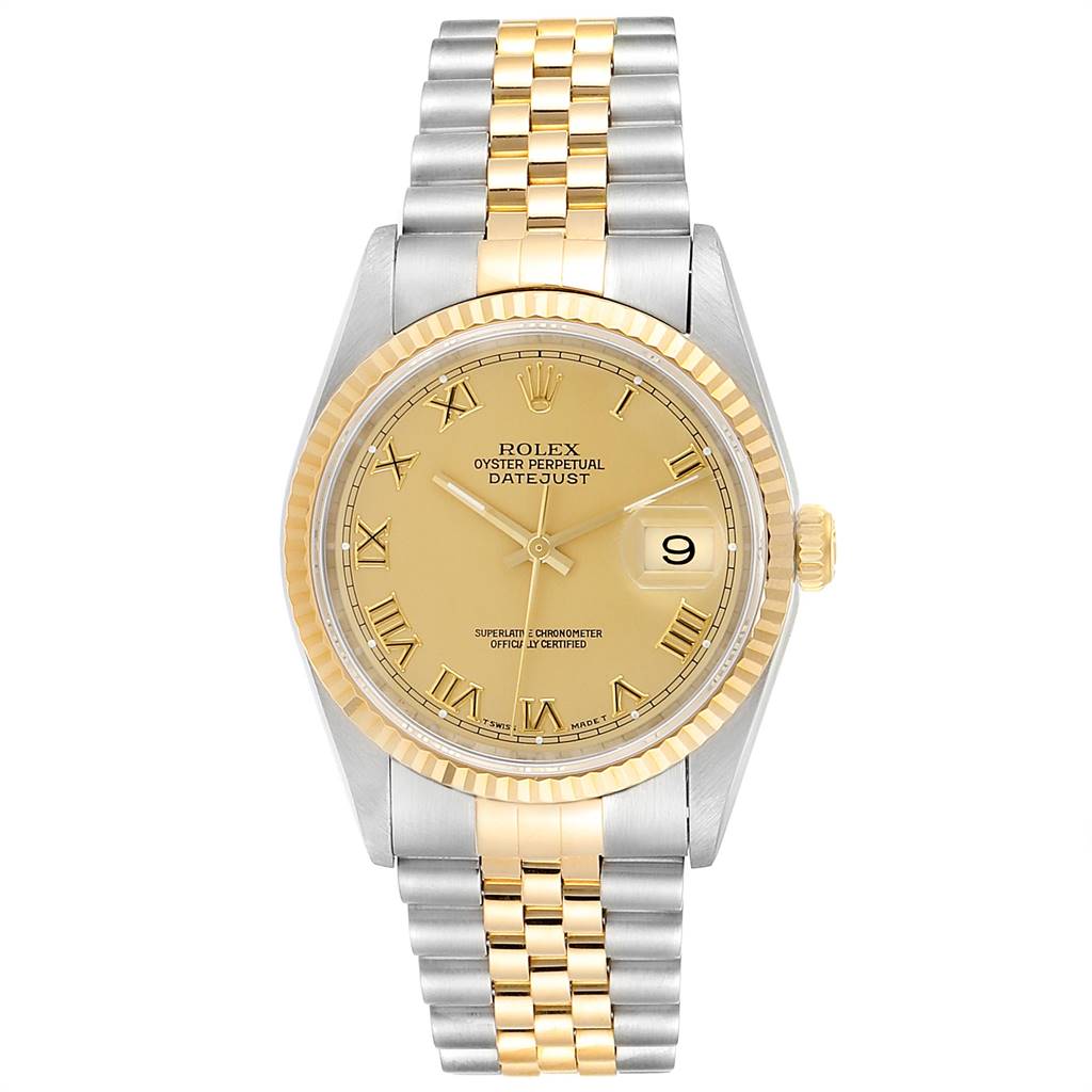 The image shows a front view of a Rolex Datejust 16233 Men's Steel and Gold (two tone) Champagne Dial 16233 Men's Steel and Gold (two tone) Champagne Dial watch, highlighting the dial, bezel, and Jubilee bracelet.