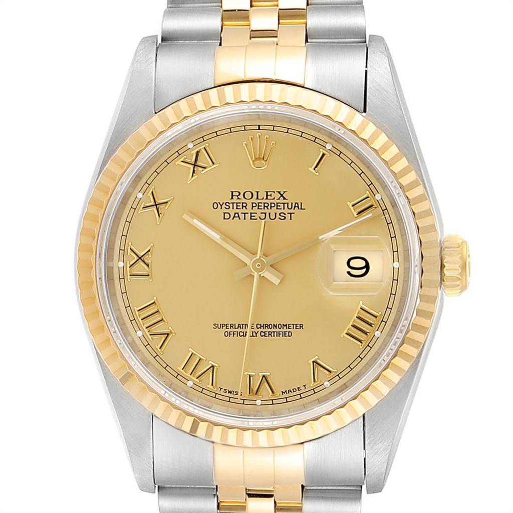 This image shows a front view of a Rolex Datejust 16233 Men's Steel and Gold (two tone) Champagne Dial 16233 Men's Steel and Gold (two tone) Champagne Dial watch, highlighting its dial, bezel, and bracelet.