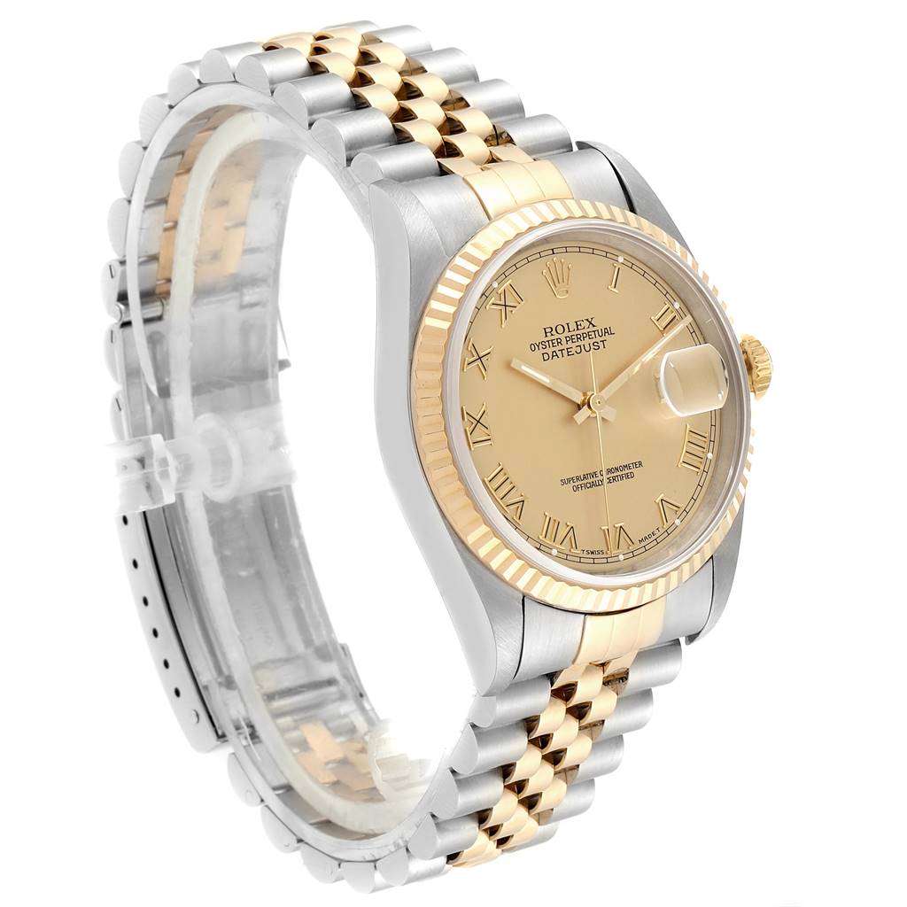 The Rolex Datejust 16233 Men's Steel and Gold (two tone) Champagne Dial 16233 Men's Steel and Gold (two tone) Champagne Dial watch is shown from a side angle, highlighting its gold and silver bracelet, fluted bezel, and beige dial.