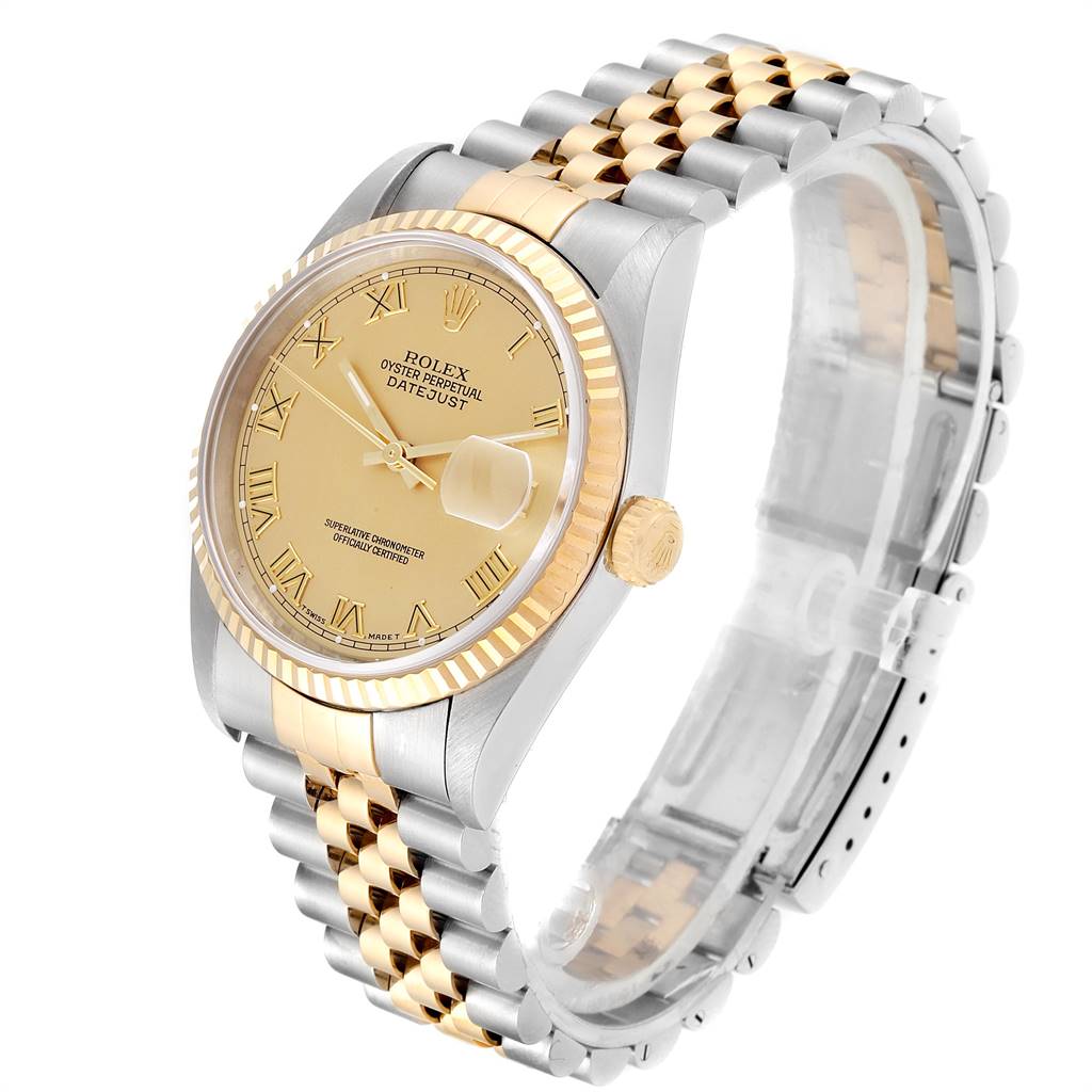 The Rolex Datejust 16233 Men's Steel and Gold (two tone) Champagne Dial 16233 Men's Steel and Gold (two tone) Champagne Dial watch is shown at a three-quarter angle, highlighting its gold bezel, two-tone bracelet, and dial.