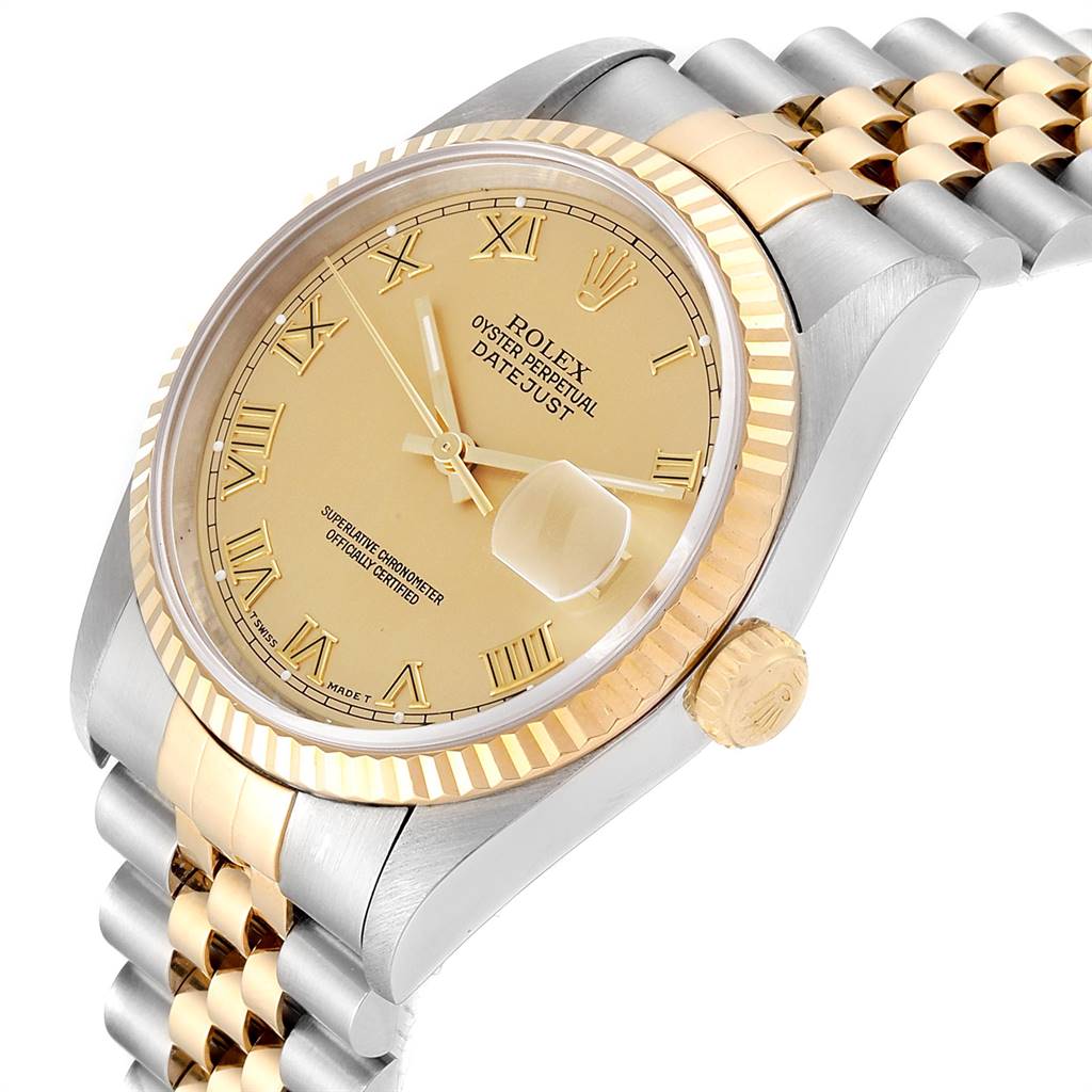 This image shows a Rolex Datejust 16233 Men's Steel and Gold (two tone) Champagne Dial 16233 Men's Steel and Gold (two tone) Champagne Dial watch's angled view, showcasing the dial, crown, bezel, and part of the bracelet.