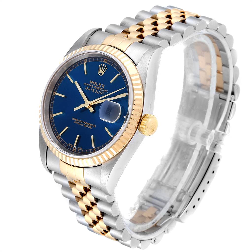 The image shows a Rolex Datejust 16233 Men's Steel and Gold (two tone) Blue Dial 16233 Men's Steel and Gold (two tone) Blue Dial watch in a three-quarter angle, highlighting the dial, bezel, crown, and two-tone bracelet.